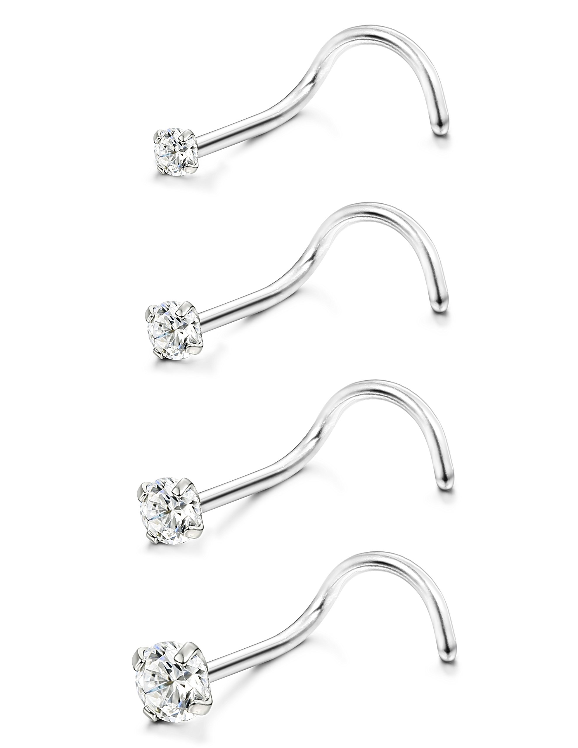 Jstyle 18G 20G 4 Pcs Stainless Steel Nose Rings Studs Screw Piercing Body Jewelry 1.5mm 2mm 2.5mm 3mm Diamond CZ