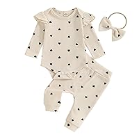 Kaipiclos Baby Girls Clothes 3Pc Rib Frill Long Sleeve Heart Print Romper + Pants + Headband Set Newborn Girl Outfits