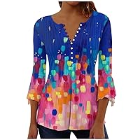 3/4 Sleeve Tees for Women,Button Down V Neck Shirt Flower Print Pleated Tunic Blouses Ruffle Sleeve Sexy Cute Tops