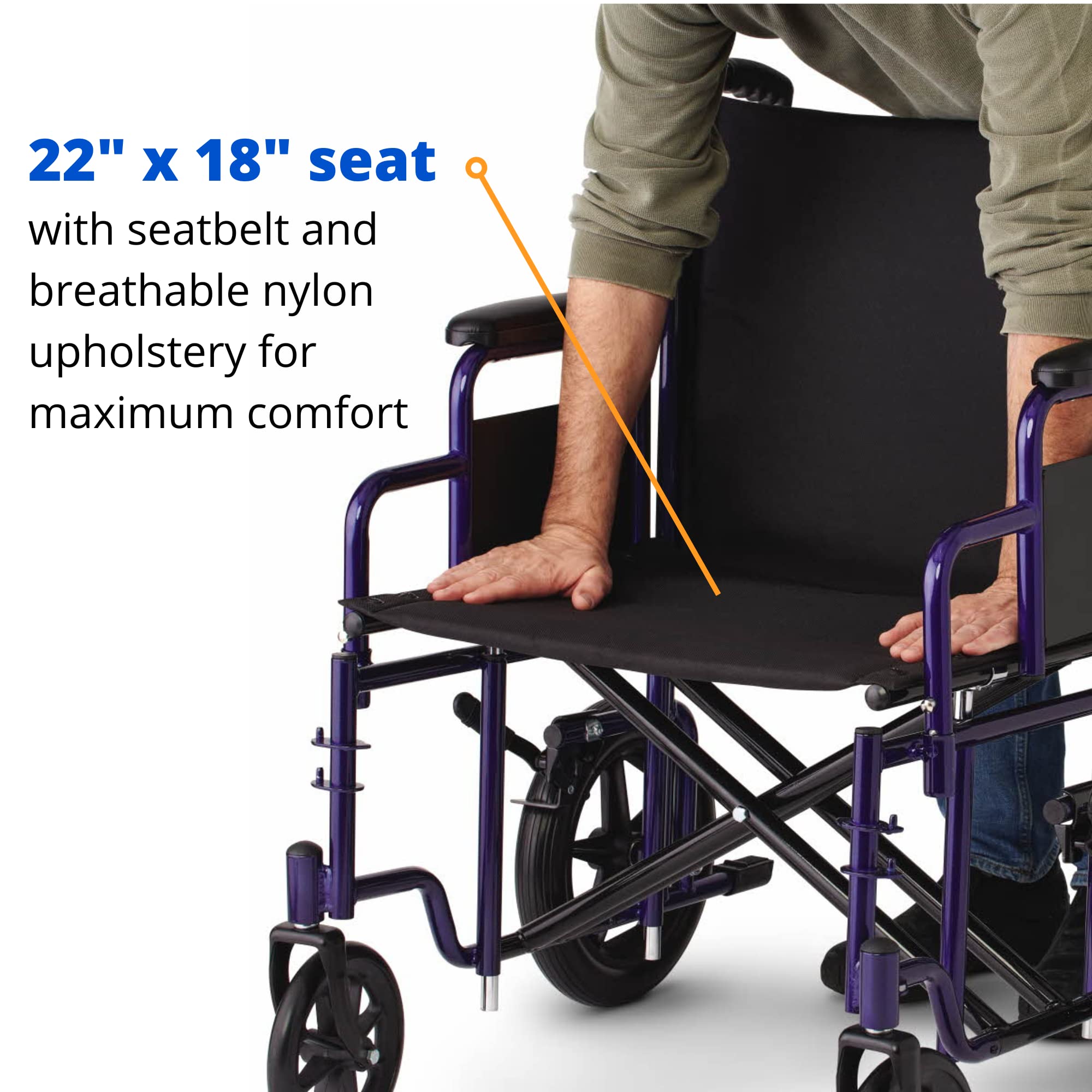 Medline Heavy Duty Transport Chair supports up to 500 lbs., Bariatric Transport Wheelchair, 22