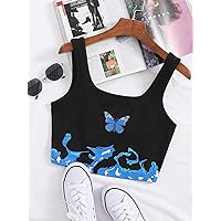 Women's Tops Women's Shirts Sexy Tops for Women Butterfly Print Crop Tank Top (Color : Black, Size : Large)