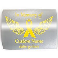 MEMORIAL Bone Cancer Yellow Ribbon with Wings - ADD YOUR CUSTOM WORDS, COLOR & SIZE - In Memory of Vinyl Decal Sticker Y