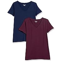 Amazon Essentials Women's Classic-Fit Short-Sleeve V-Neck T-Shirt, Pack of 2, Burgundy/Navy, Large