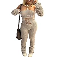 LETSVDO Women's Sexy Knit Ribbed Jumpsuit Bodycon Backless Hollow Tube Halter Sweater Club Romper Outfits Stacked Pants