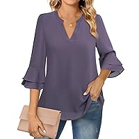 Lotusmile Womens Tops Dressy Casual 3/4 Tiered Bell Sleeve Blouses Double Layered Chiffon Work Tunic Shirts
