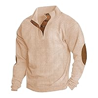 Men Fashion Corduroy Shirt Mock Neck Color Block Pullover Long Sleeve Polo Sweatshirt with Elbow Patches Print