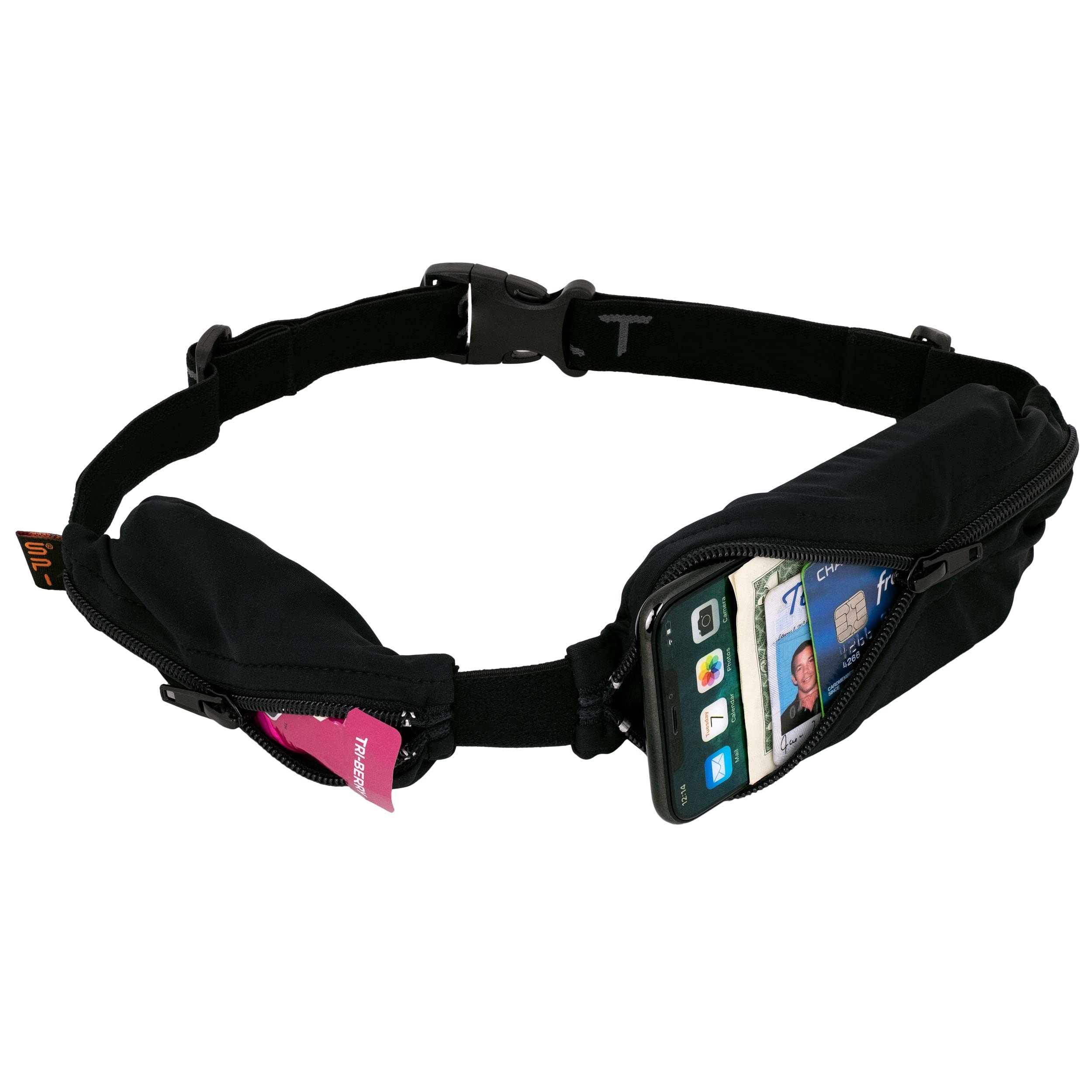 SPIbelt Double Pocket Running Belt for Adults, Expandable Pockets, Adjustable Waist, No Bounce, Black with Black Zipper