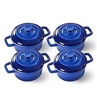 14 oz Mini Cocotte with Lid, Lareina Small Ceramic Round Casseroles Dish with Handles and Cover, Cute Stoneware Individual Severing Pot, Set of 4, Blue