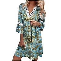 Women's Vacation Dresses V-Neck Printed Lace Patchwork Bohemian Casual Resort Dress