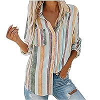 Long Sleeve Button Down Shirts for Women Lapel Vertical Striped Color Block Blouse Western Aztec Geometric Print Graphic Tops