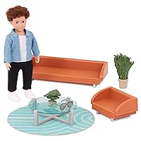 Lori – Mini Boy Doll & Toy Living Room Furniture – 6-inch Boy Doll & Dollhouse Accessories – Sofa, Armchair, Coffee Table, Rug, Plants – Play Set for Kids – 3 Years + – Miguel's Lounge Set