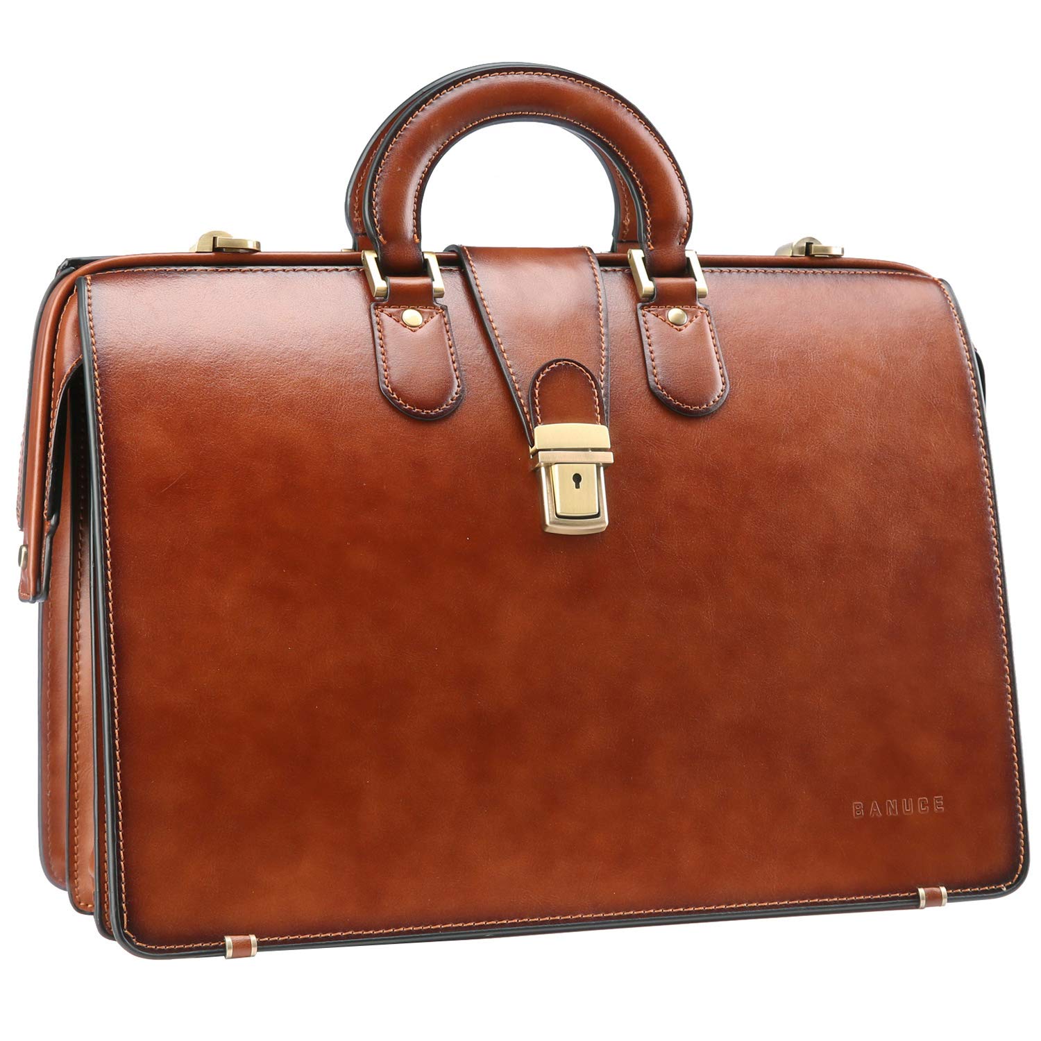 Banuce Vintage Leather Briefcase for Men with Lock Lawyer Attorney Bag Doctor Bag 15.6 Inch Laptop Attache Case Hard