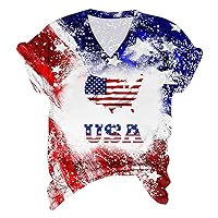 Long Sleeve Shirts for Women Fitted Y2K Women Independence Day Blouse Casual V Neck Printing Short Sleeve TShi