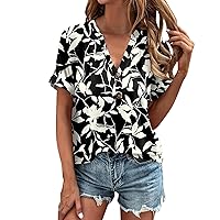 Women's Summer Tops 2024 Boho Floral Shirts Casual Short Sleeve V Neck Loose Fit Button T-Shirt Going Out Tops