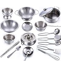 Stainless Steel Kids Kitchen Toys, Miniature Cookware Playset Kitchen Pretend Play for Kids 18PCS, Kitchen Playsets