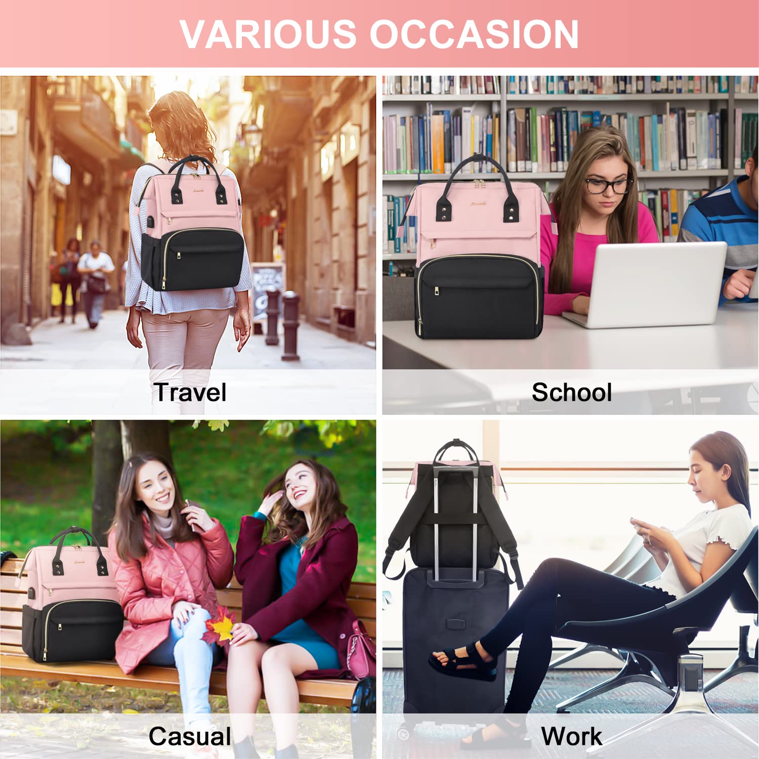 LOVEVOOK Laptop Backpack for Women Fashion Business Computer Backpacks Travel Bags Purse Doctor Nurse Work Backpack with USB Port, Fits 17-Inch Laptop Pink Navy