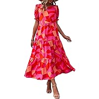 PRETTYGARDEN Women's Summer Casual Boho Dress Floral Print Ruffle Puff Sleeve High Waist Midi Beach Dresses