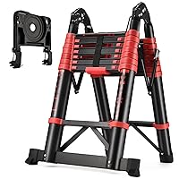 HBTower Telescoping Ladder A Frame, 16.5 Ft Aluminum Extension Ladder, Portable Compact Telescopic RV Ladder with Tool Platform and Stabilizer Bar, 300lb Capacity, Red