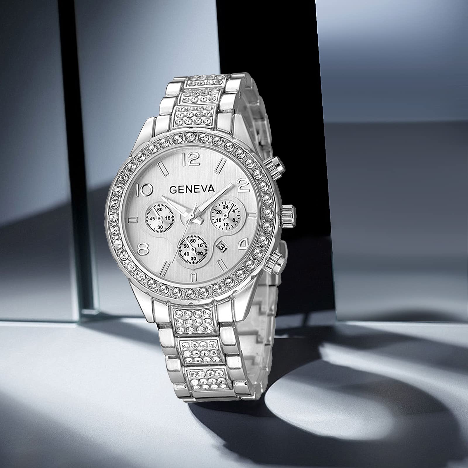 FANMIS Luxuriöse Unisex-Armbanduhr mit schwimmenden Kristall-Diamanten, Kalender, Digital-Quarz-Armbanduhr, leuchtender Zeiger mit Edelstahl-Gliederarmband