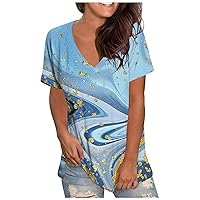 Plus Size Tops for Women Fashion Marble Graphic Tees Casual Short Sleeve Tunic Shirts V Neck Loose Fit Blouses