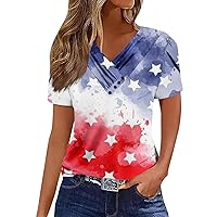 Tops for Women Casual Summer, Women's T Shirt Tee V Neck Short Sleeved Button Top Plus Size 4Th of July, S XXL