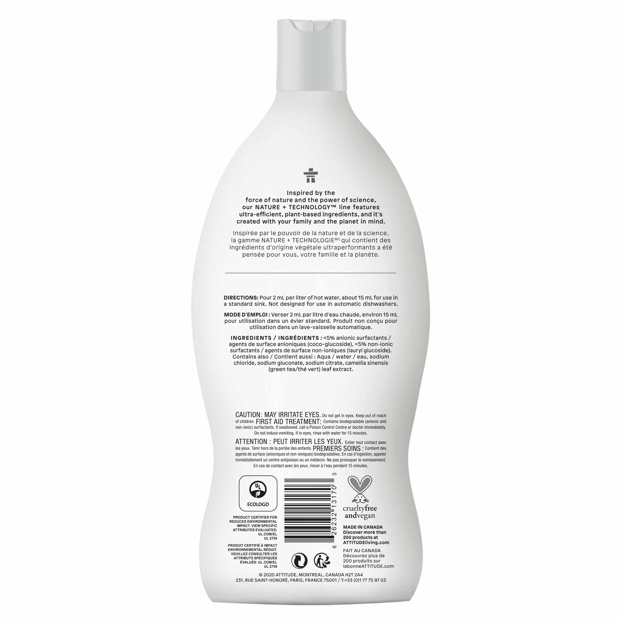 ATTITUDE Liquid Dish Detergent, Hypoallergenic Plant- and Mineral-Based Ingredients, Effective Dishwashing Soap Formula, Vegan and Cruelty-free, Unscented, 23.7 Fl Oz