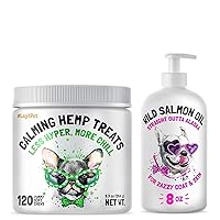 Calming Hemp Treats for Dog 120 Soft Chews and Wild Alaskan Salmon Oil for Dogs & Cats 8 oz Bundle