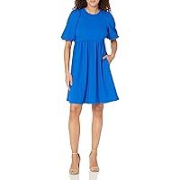 Maggy London Women's Petite Puff Short Sleeve Seersucker Dress with Curved Empire Waist and Shirred Above The Knee Skirt