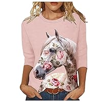 Horse Print Summer Tops for Women Western Ethnic 3/4 Sleeve Shirts Crew Neck Pullover Blouse Equestrian Cowgirl Tunic Tshirt