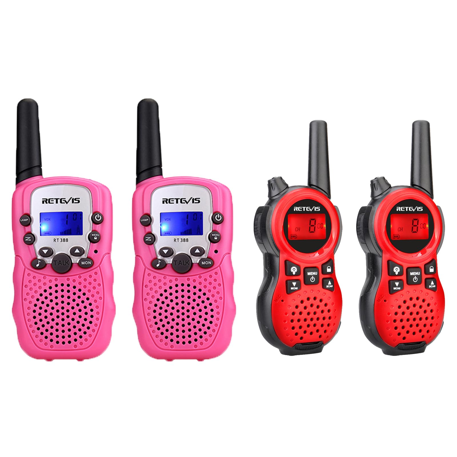 Retevis RT388 Walkie Talkies for Kids,Pink Kids Gifts for Girls Bundle with RT38 Mini Long Range 2 Way Radio,VOX Handsfree Kids Toys for Family Outdoor Camping Trip Hiking (4 Pack)