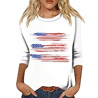 3/4 Sleeve Pub Popular T Shirt Women Independence Day Plus Size Crew-Neck Loose T Shirts Comfy American Flag