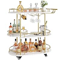 IDEALHOUSE Gold Bar Cart, 3 Tier Bar Carts for The Home, Rotated Bar Cart Gold with Wine Rack and Glass Holder, Bar Serving Cart with Wheels for Living Room, Kitchen, Dining Room-Gold
