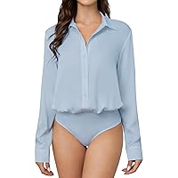 Women Button Down Bodysuit Long Sleeve Collared Shirt Satin Blouse Body Suit Business Casual (Light Grey Blue Large)