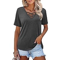 Womens Tops Short Sleeve V Neck Shirts Loose Casual Blouses Summer Tees Criss Cross