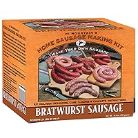 Hi Mountain Seasonings - BRATWURST Sausage Making Kit ǀ Includes Sausage Seasoning, Cure, Natural Hog Casings, and Simple-to-Follow Directions ǀ Creates 24 lbs of Delicious Bratwurst Sausage