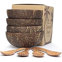 Green Roots Organic Coconut Bowls-Hand Made From Coconut Shells and Polished with Organic Coconut Oil (4 bowls and 4 spoons)