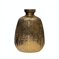 Creative Co-Op Textured Terra-Cotta Lines, Gold Finish Vase, 9.5