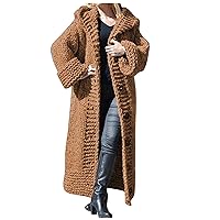 Plus Size Cardigan Coat for Women Knit Coarse Fleece Casual Solid Color Button Closure Hooded Tops Sweaters(Brown 5XL)