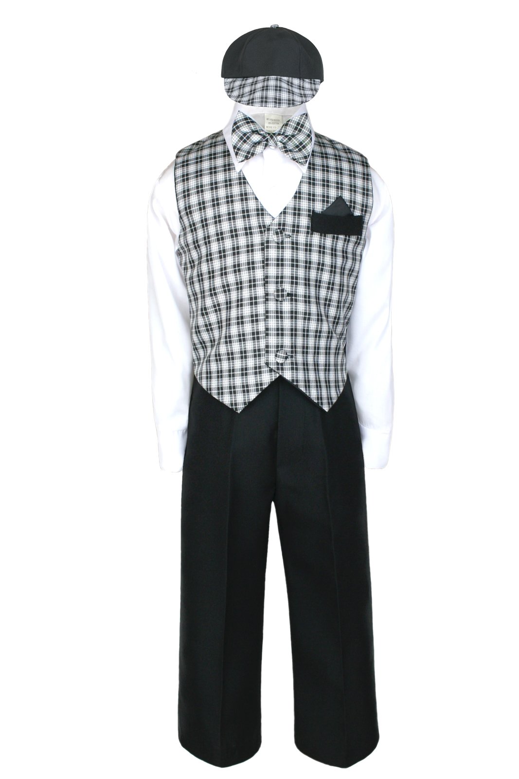 Unotux Baby Boy Formal Wedding Black Gingham Checks Vest Bow Suits Sets Hat S-XL
