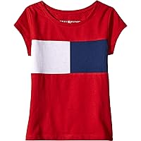 Girl's Short Sleeve T-shirt With Flag Logo, Cotton Blend Tee With Tagless Interior