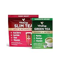 VitaCup Slim Instant Tea Packets 24ct Oolong Tea w/Acai, Fiber, Vitamins + VitaCup Green Tea Pods16ct w/Matcha, Moringa, Fiber, & Vitamins for Detox & Metabolism