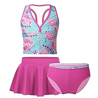 CHICTRY Kids Girls Floral Racer Swim Top Brief with Skirts 3 Pcs Tankini Hawaii Beach Bathing Suit