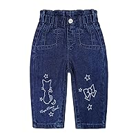 KIDSCOOL SPACE Baby Little Girl Jeans,Paperbag Elastic Waist Cute Printed Denim Pants