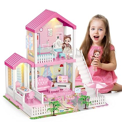 Doll House Dreamhouse for Girls,STEM Dollhouse DIY Building Toys with Play Mat,Lights,Furniture,Accessories,Doll,Pets,Best Pretend Play House Gift for 3 4 5 6 7 Year Old Kids Girls (3 Rooms Playhouse)
