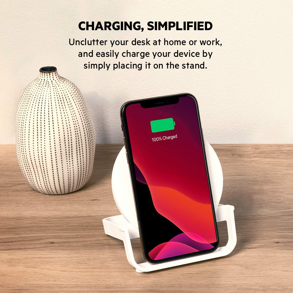 Belkin Quick Charge 10W Wireless Charger - Qi-Certified Charger Stand for iPhone, Samsung Galaxy - Charge While Listening to Music, Streaming Videos, & Video Calling - Includes AC Adapter - White