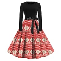 Women's Christmas Dresses Vintage Casual Fashion Round Neck Long Sleeve Printed Dresses, S-2XL