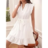 Fall Dresses for Women 2023 Notched Neckline Ruffle Trim Belted Dress Dresses for Women (Color : White, Size : Large)