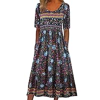 AODONG Easter Dress for Women Peasant Dress Boho Ethnic Floral Print Maxi Dress Summer Casual Loose Fit Mexico Flowy Dresse with Pockets