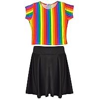 Kids Girls Rainbow Crop Top T Shirt Legging Off Shoulder Skater Dress 5-13 Years