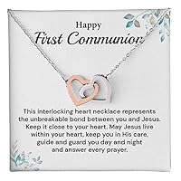 Happy First Communion Necklace Gift For Girls And Women, Christian Sentimental Message Card With Jewelry Gift For Her, Best Interlocking Heart Necklace For Every Prayer.